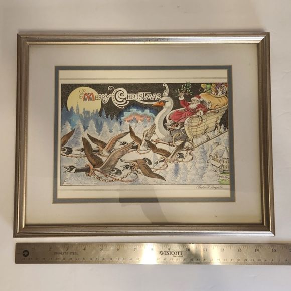 Flying Rabbit Merry Christmas Print Signed by Charles Hazard Matted Silver Frame - Picture 4 of 11